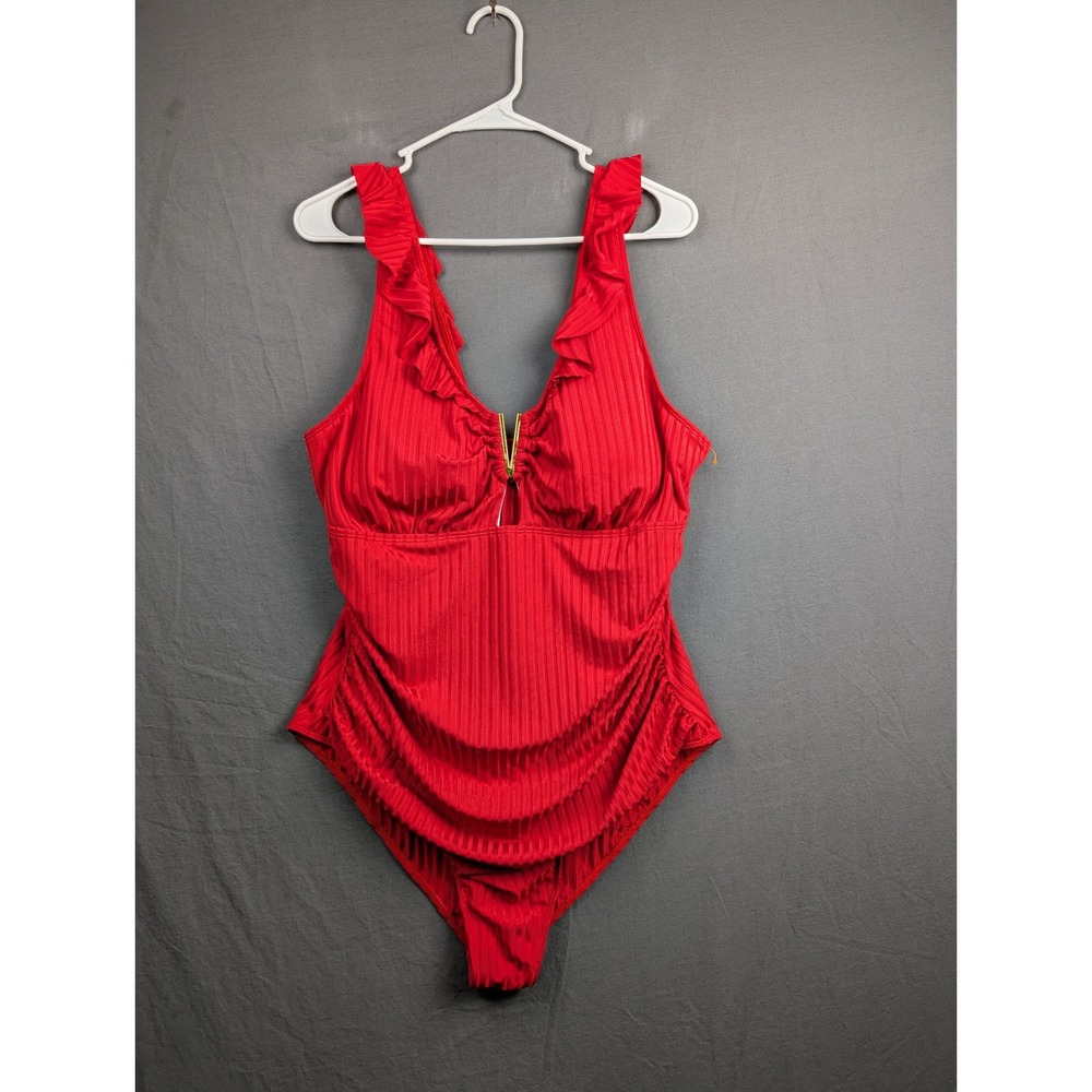 Red Ribbed Ruffle V-Neck Oneβ Piece Swimsuit Plus Size 3XL
